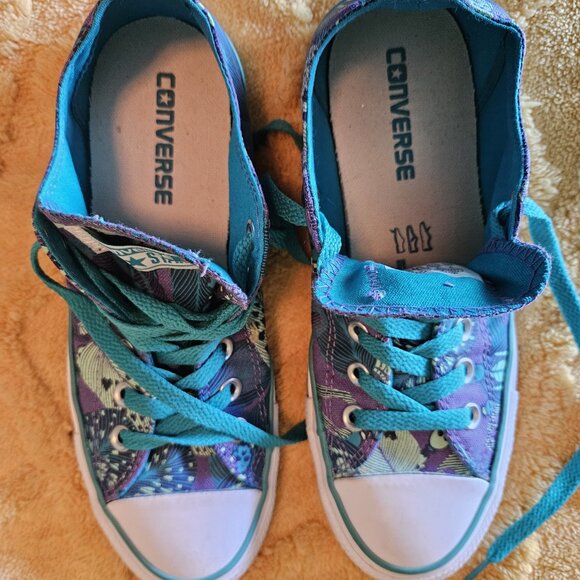 Women's Blue & Purple Tropical Skull Converse Low Top Shoes Canvas Sneakers Sz 7 - Picture 11 of 11